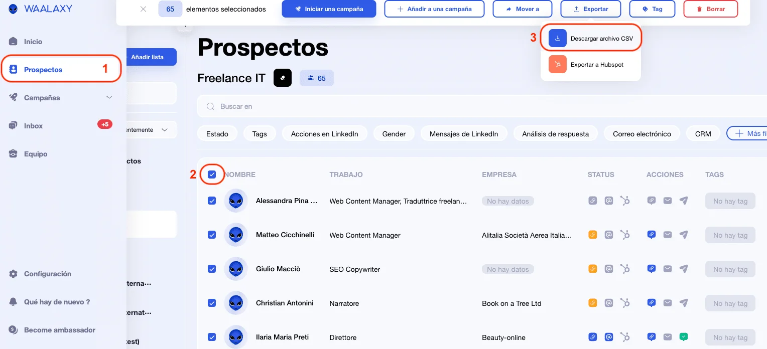 Exportar información de prospectos a un archivo CSV con Waalaxy