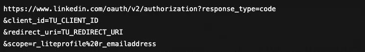 Fragmento de código con una url de ejemplo para configurar la API de Linkedin