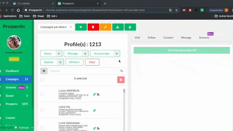 Interface prospection profils Waalaxy
