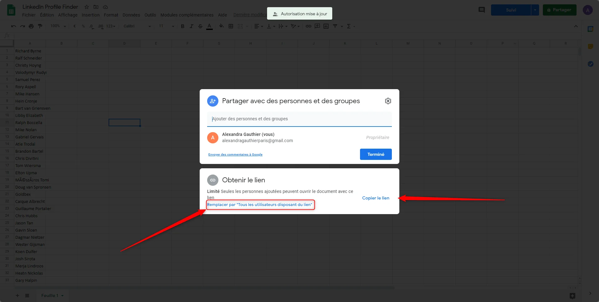 Google Sheets partage document LinkedIn