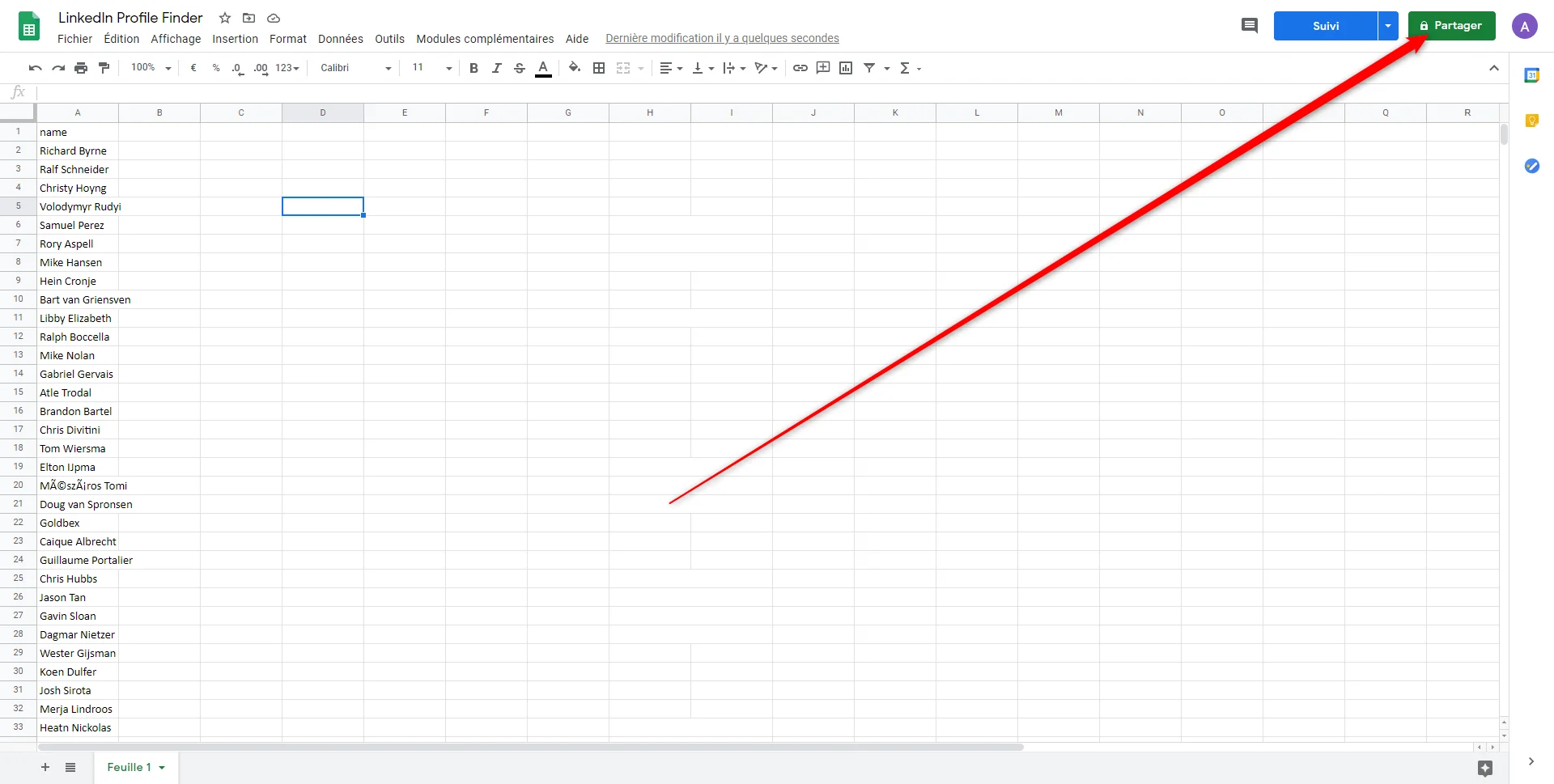 Feuille calcul LinkedIn Profile Finder Google Sheets