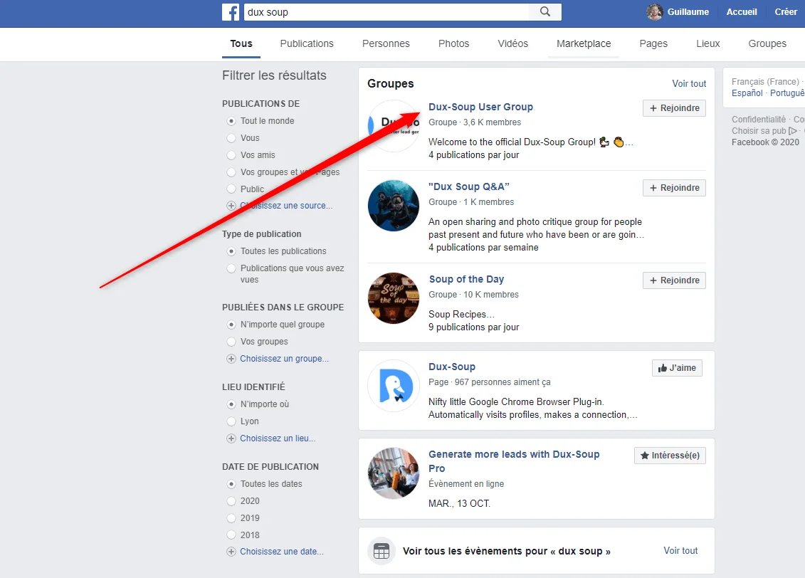 Résultats recherche groupes Dux Soup Facebook