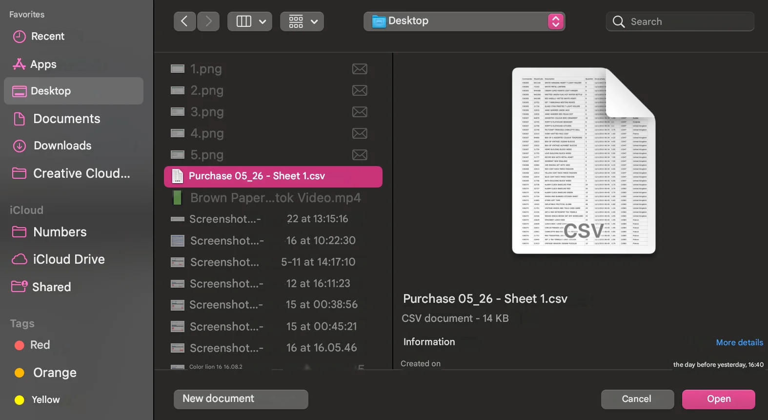 Open a CSV file with Numbers
