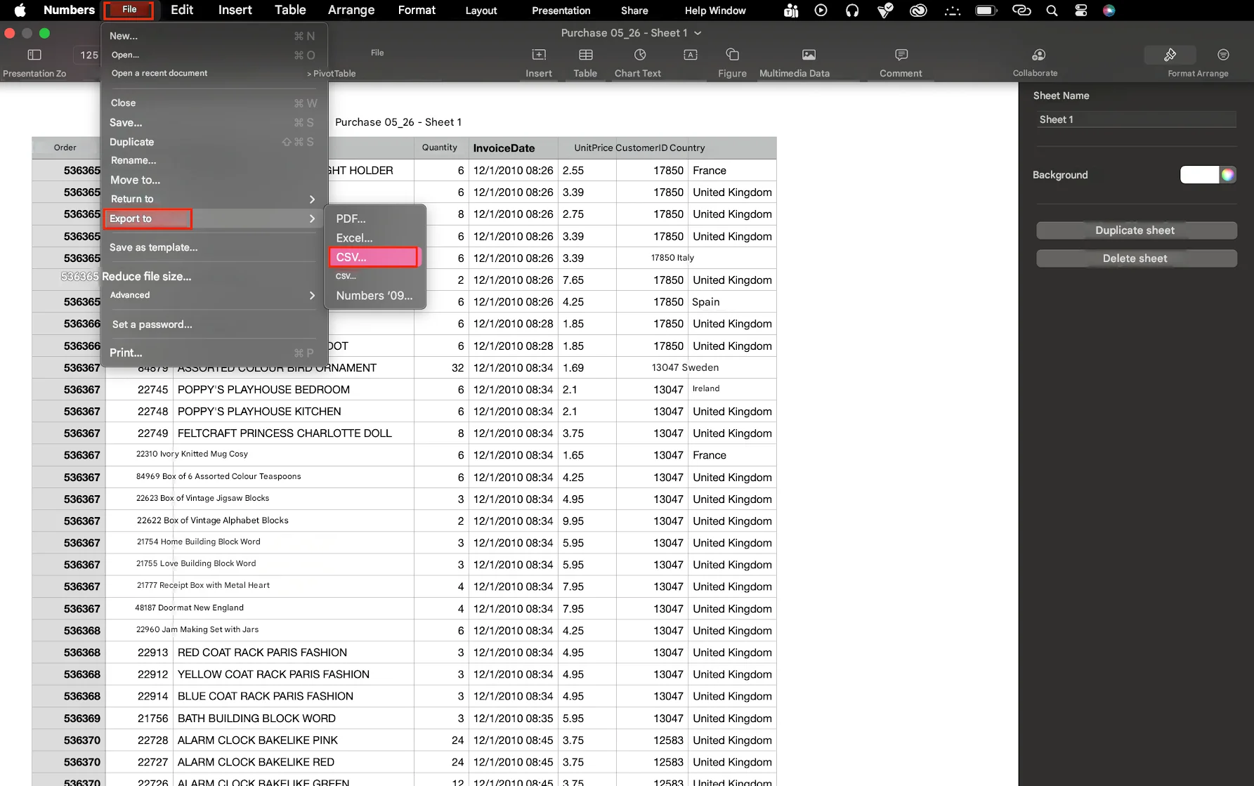 Create a CSV file on a Mac using Numbers