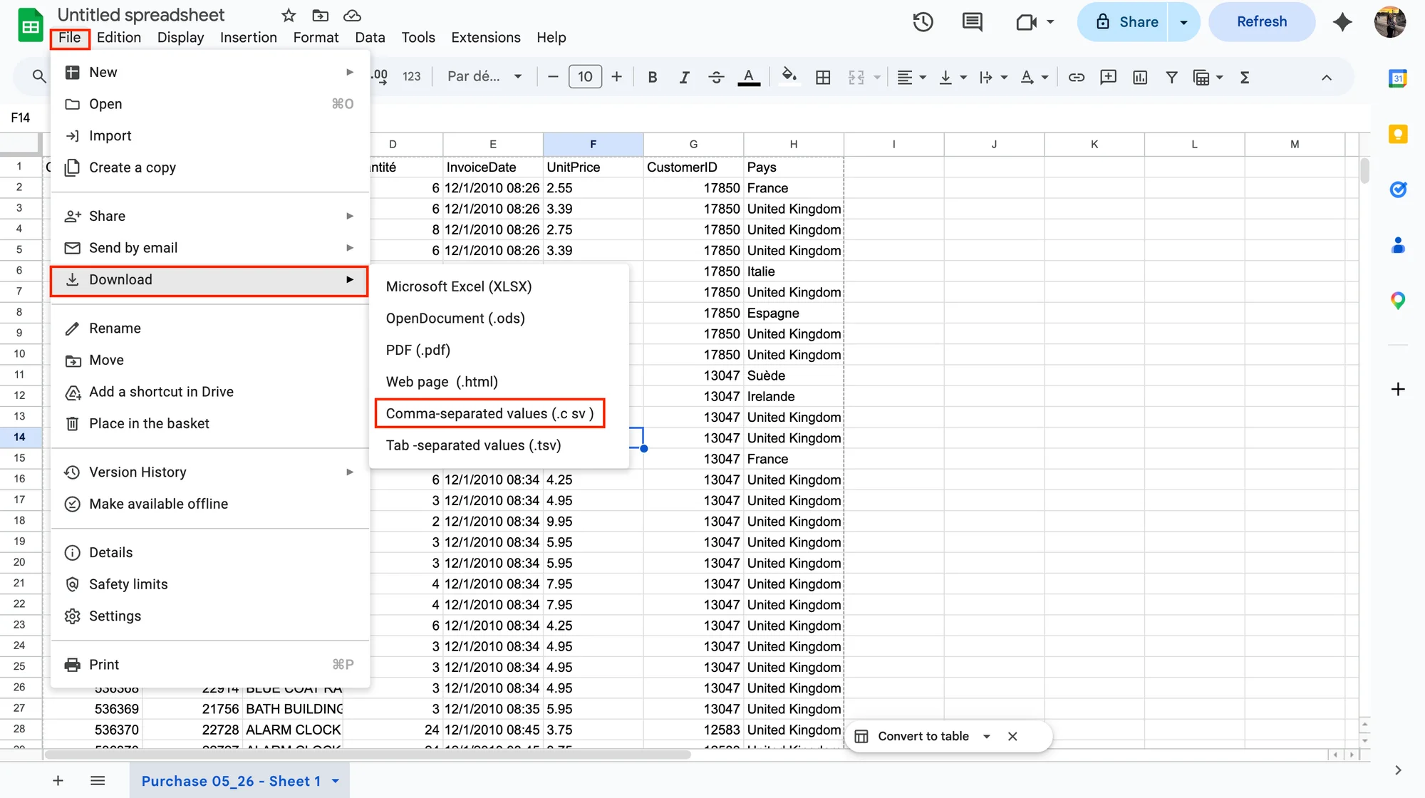 Export a CSV file using Google Sheets