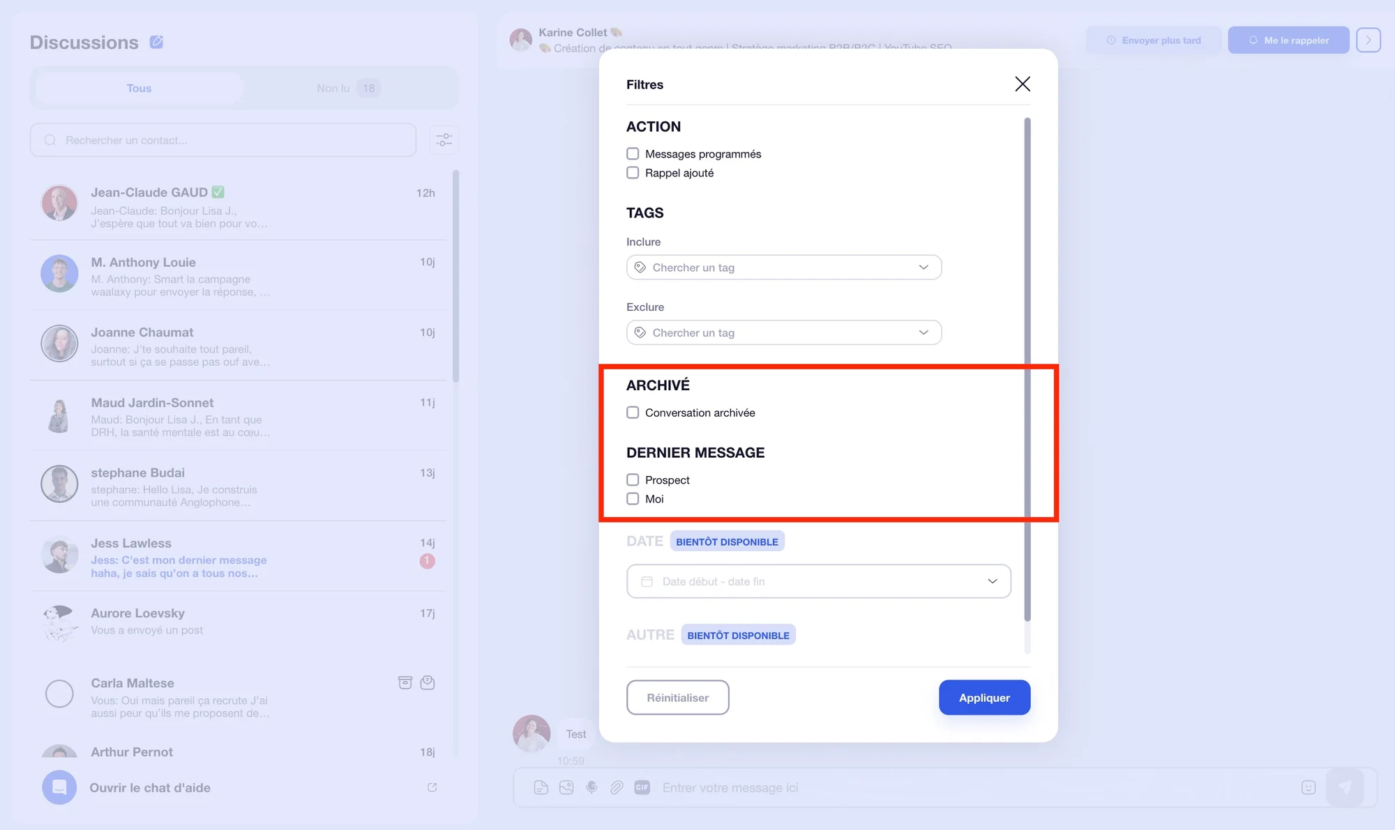 Filtre sur le dernier message envoyé