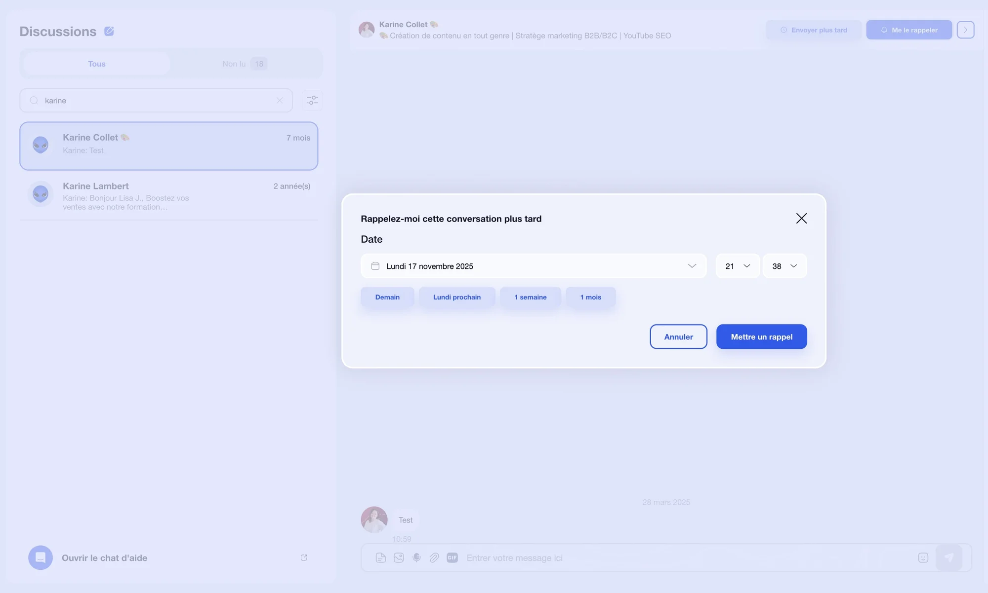 Interface d'application web montrant un calendrier pour rappeler des conversations futures.