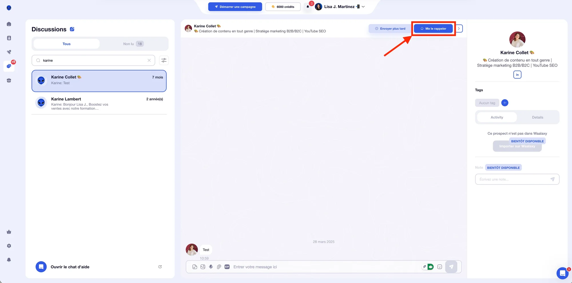 Interface d'application de messagerie avec des conversations en cours et des options de navigation.