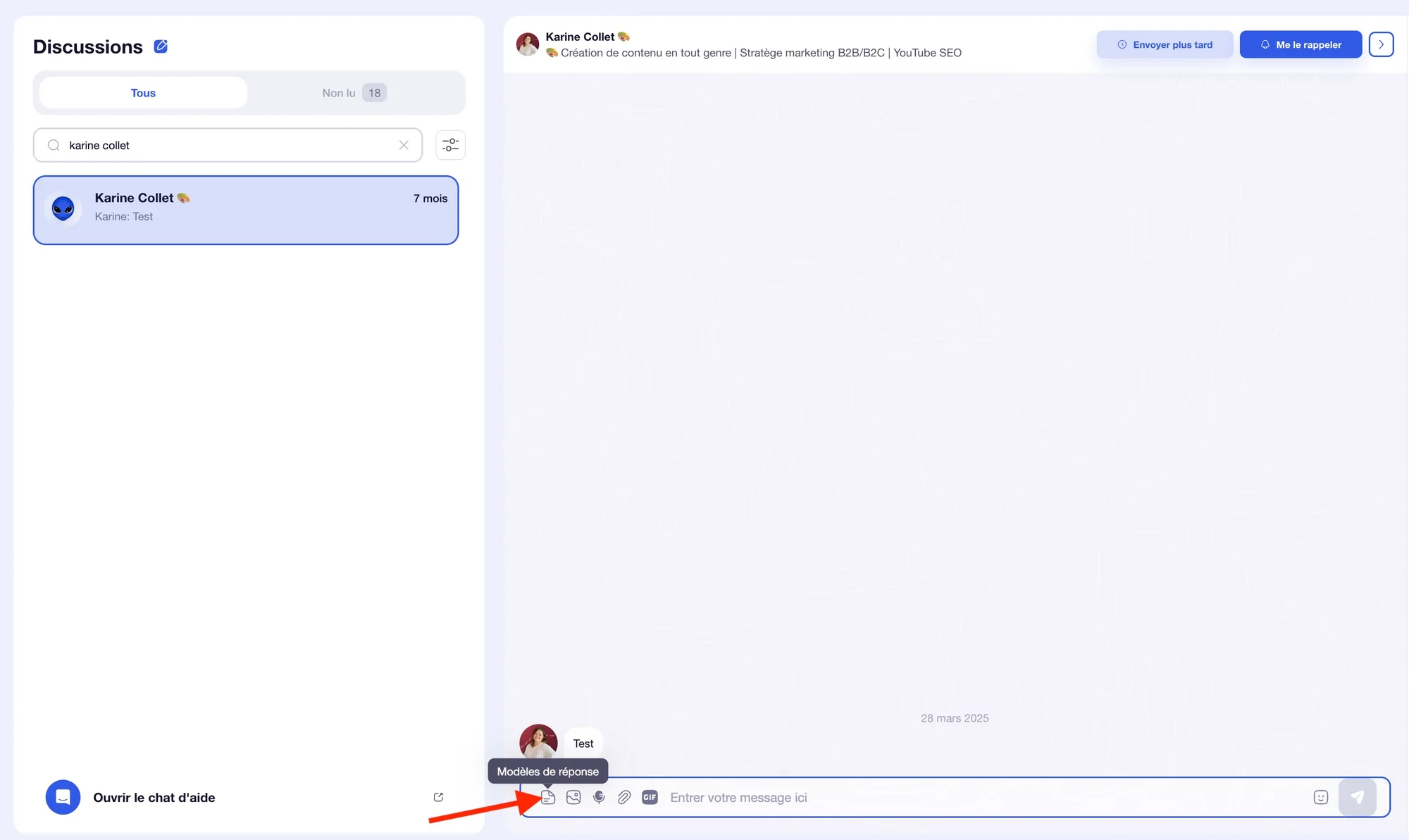 Interface utilisateur d'un forum ou d'une plateforme collaborative, avec des discussions, messages et profil à droite.