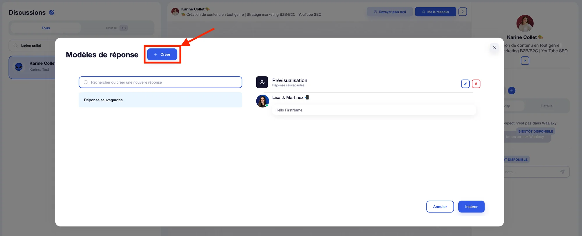 Interface d'envoi de réponses enregistrées dans un chat.
