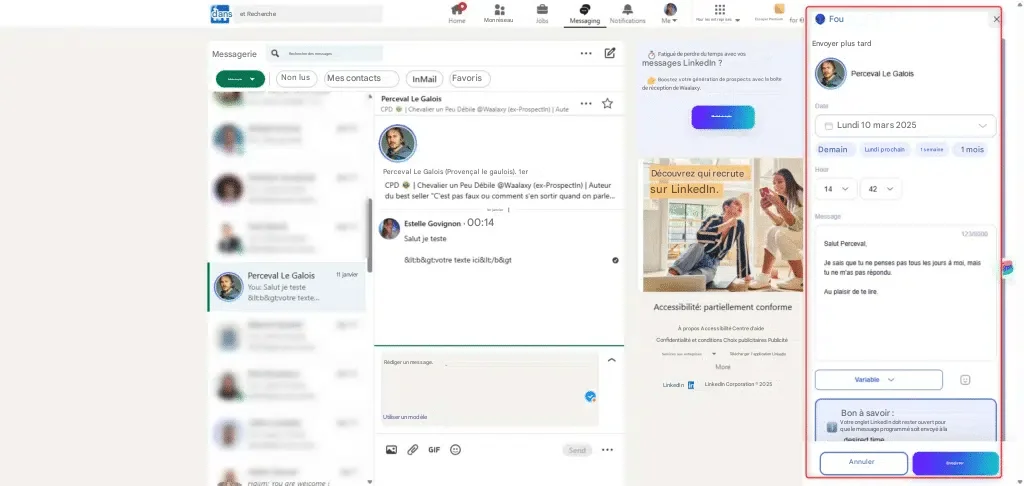 Conversations LinkedIn avec des messages en cours et un pop-up sur l'employabilité.
