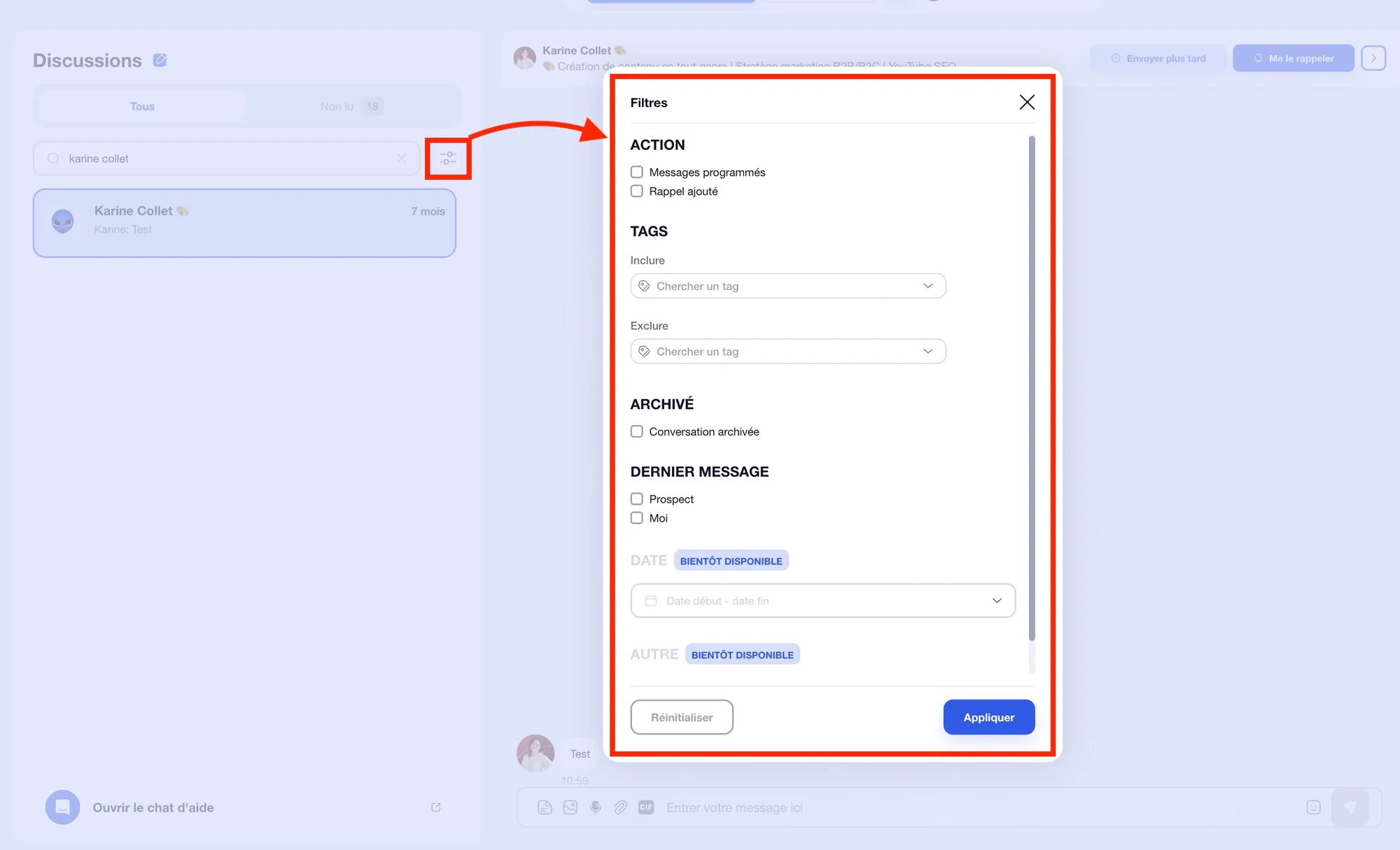 Interface utilisateur avec filtres pour messages archivés, boutons bleus, flèches rouges sur un fond gris clair.