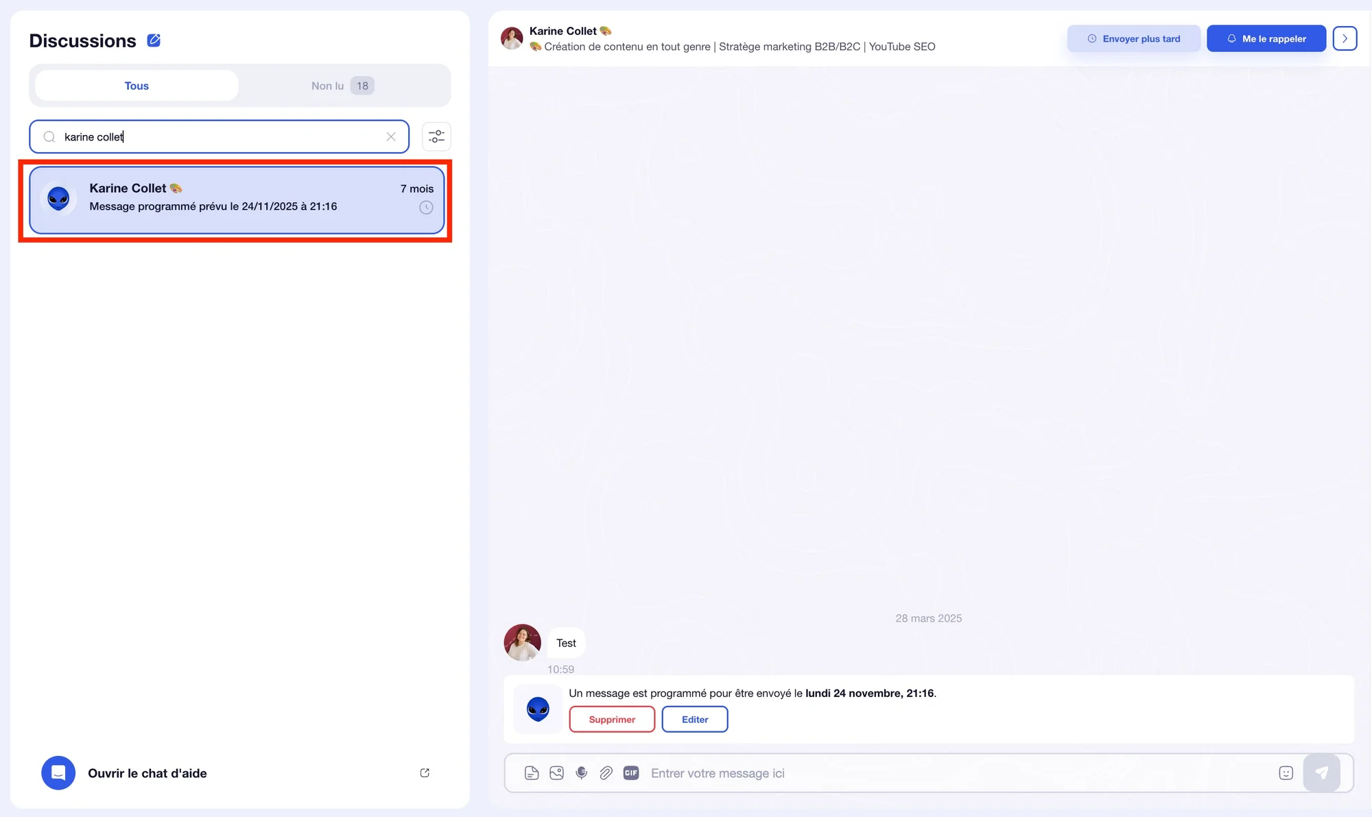 Interface d'application de discussion avec message de suivi pour l'ensemble des discussions.