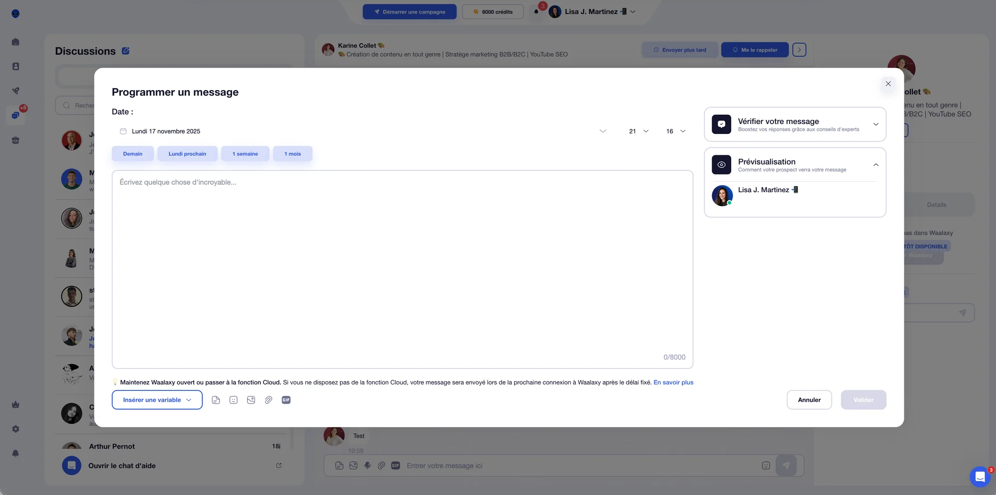 Interface d'envoi programmé d'un message électronique avec champ de date, heure, et prévisualisation du contenu.