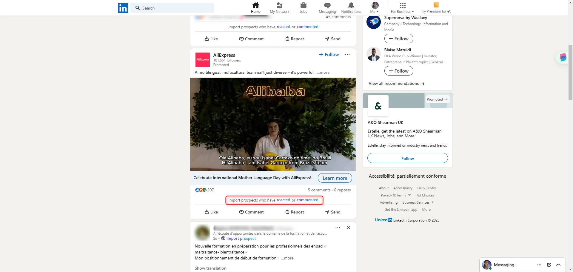 Page LinkedIn avec profil d'utilisateur, publication sur Alibaba, commentaires en bas.