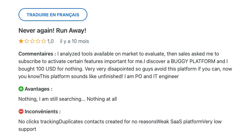 Avis négatif plateforme buggy marketing