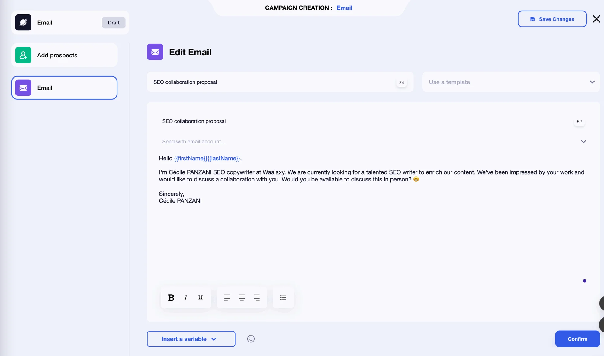 Création campagne email Waalaxy