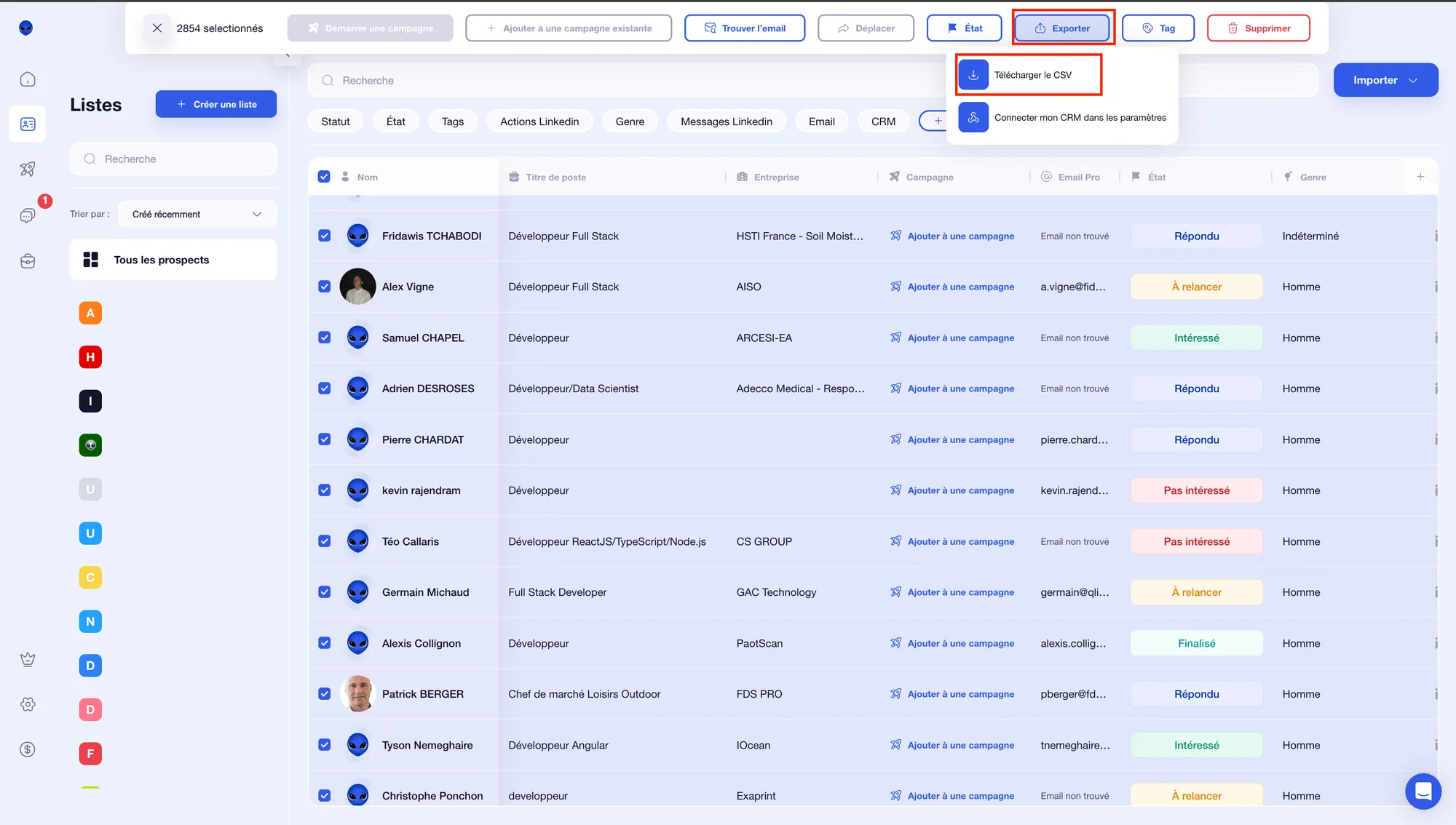 Exporter tous ses prospects avec waalaxy