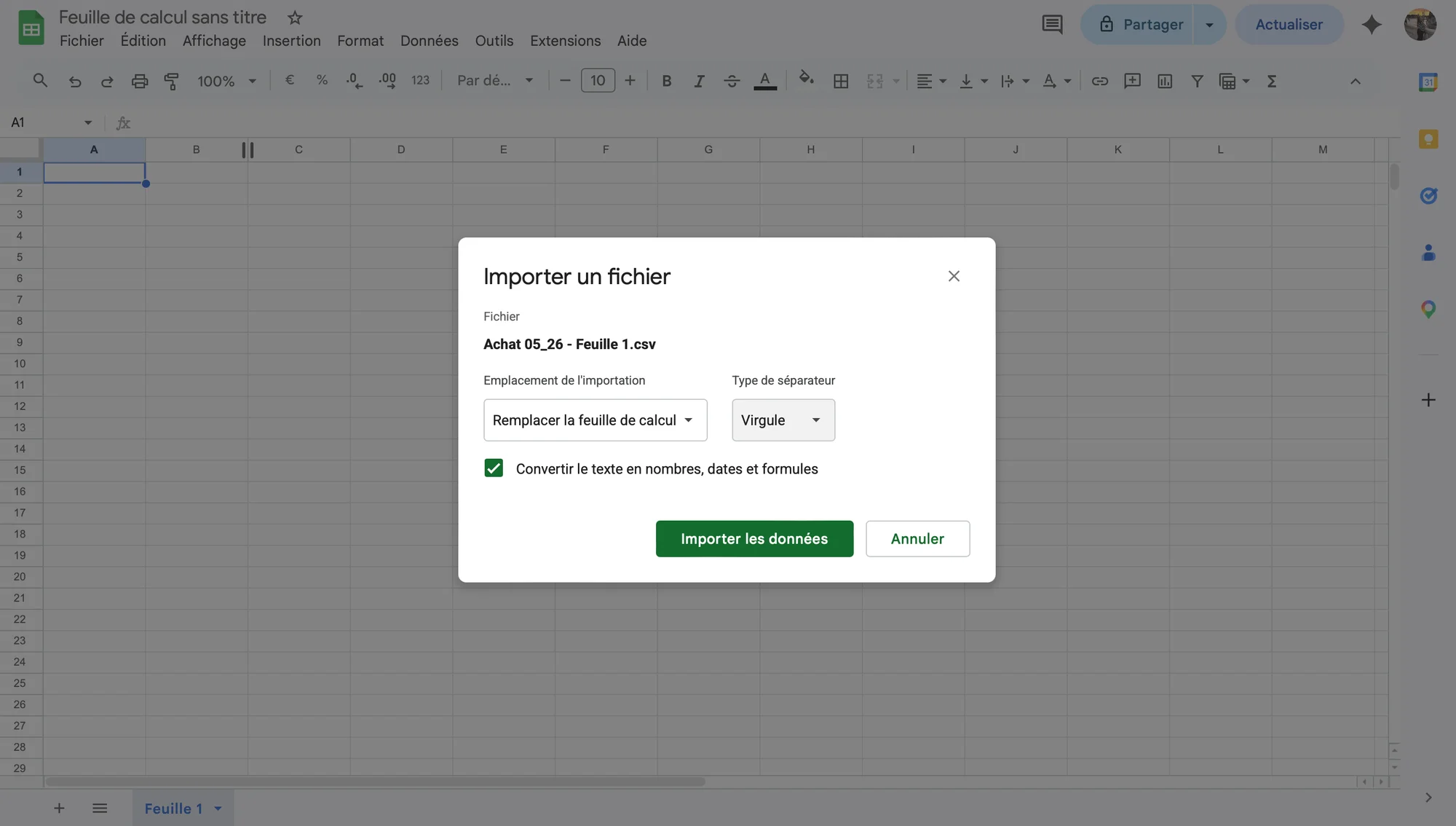 Ouvrir un CSV avec Google Sheets