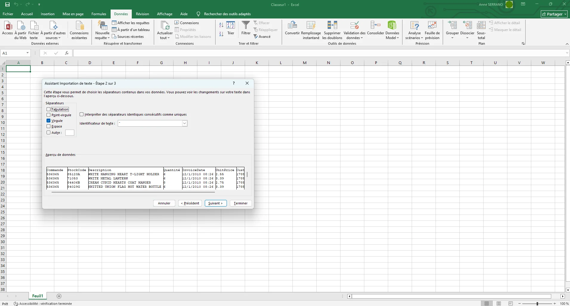 ouvrir un fichier CSV avec excel sélectionner les séparateurs