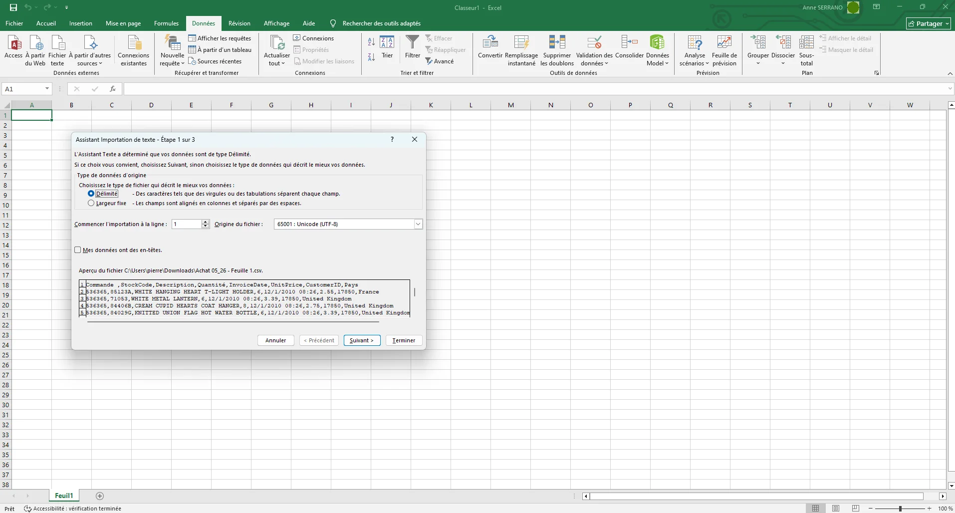 ouvrir un fichier CSV avec excel valider l'encodage