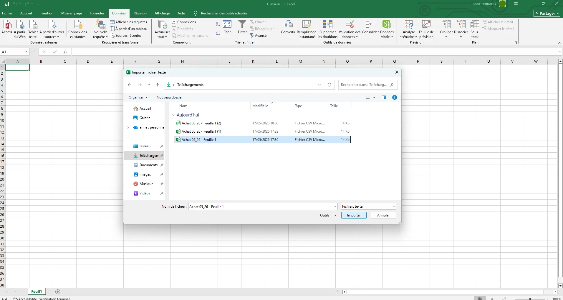 ouvrir un fichier CSV avec excel sélectionner le fichier