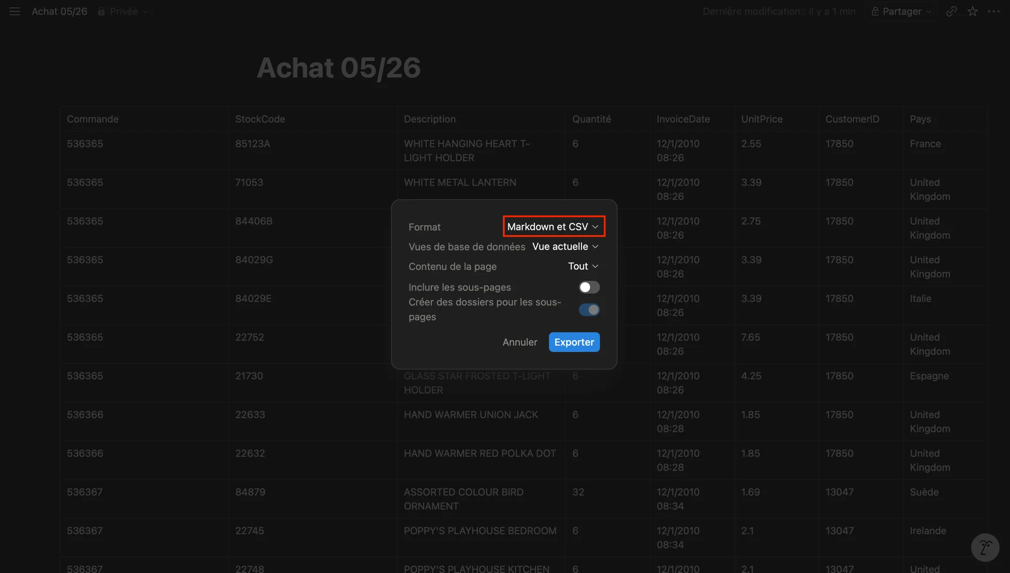 Créer un fichier CSV en ligne avec notion