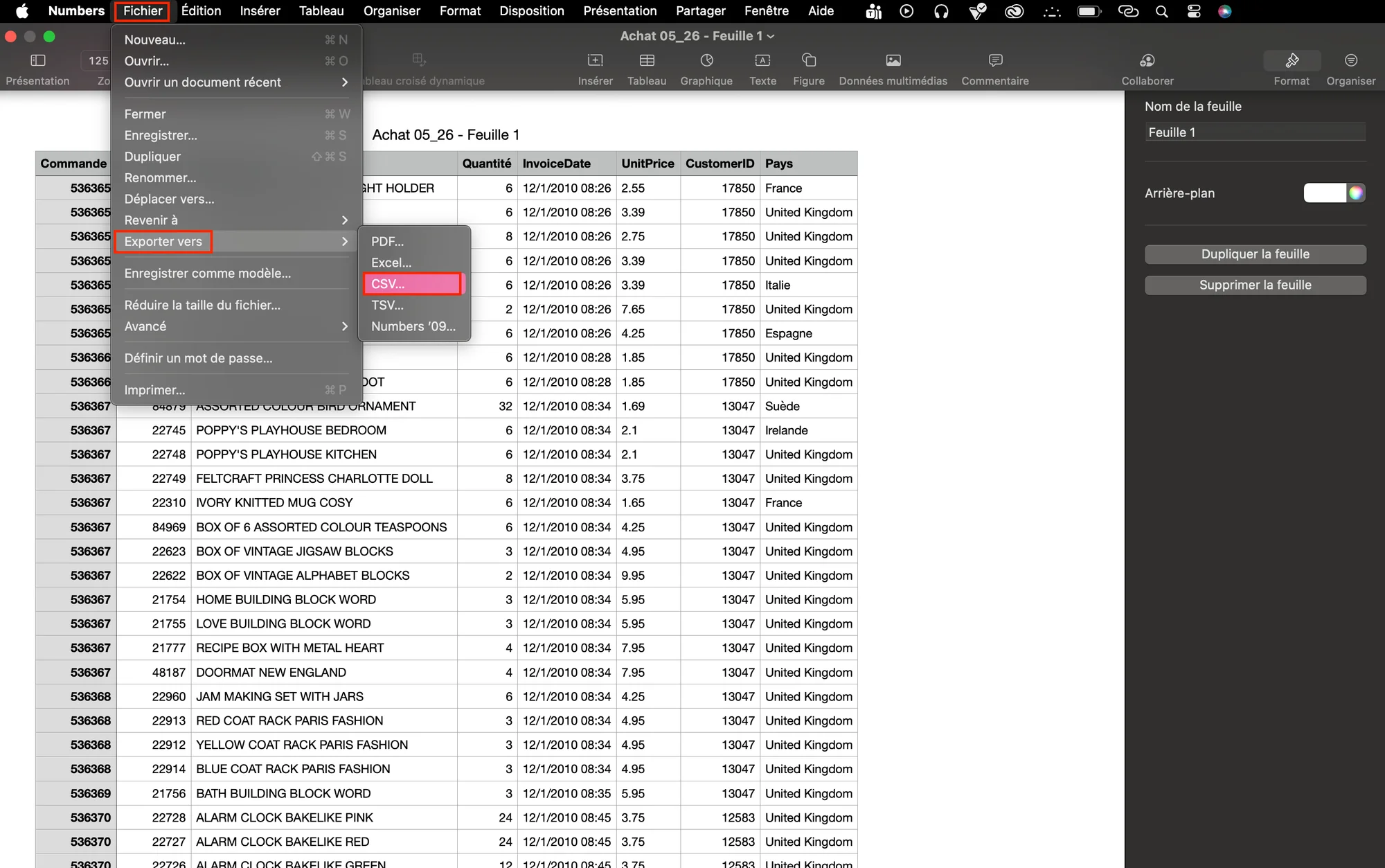 Créer un fichier CSV sur Mac avec Numbers