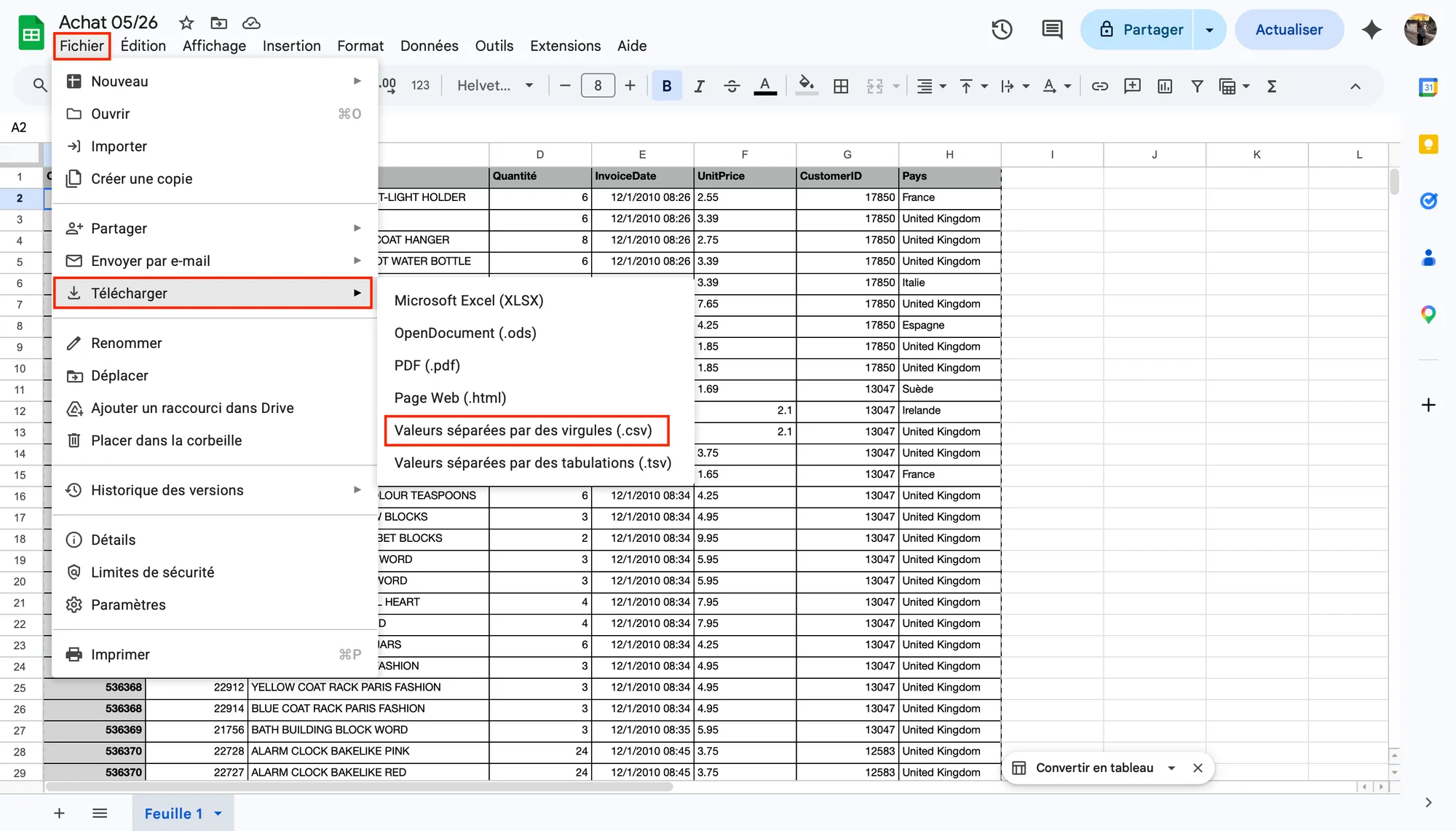 Exporter un fichier CSV avec Google Sheets