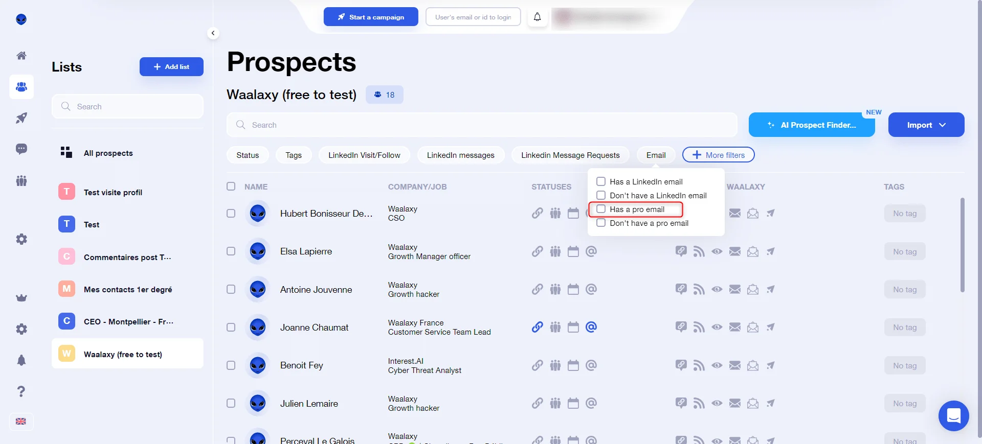 Interface prospection prospects Waalaxy