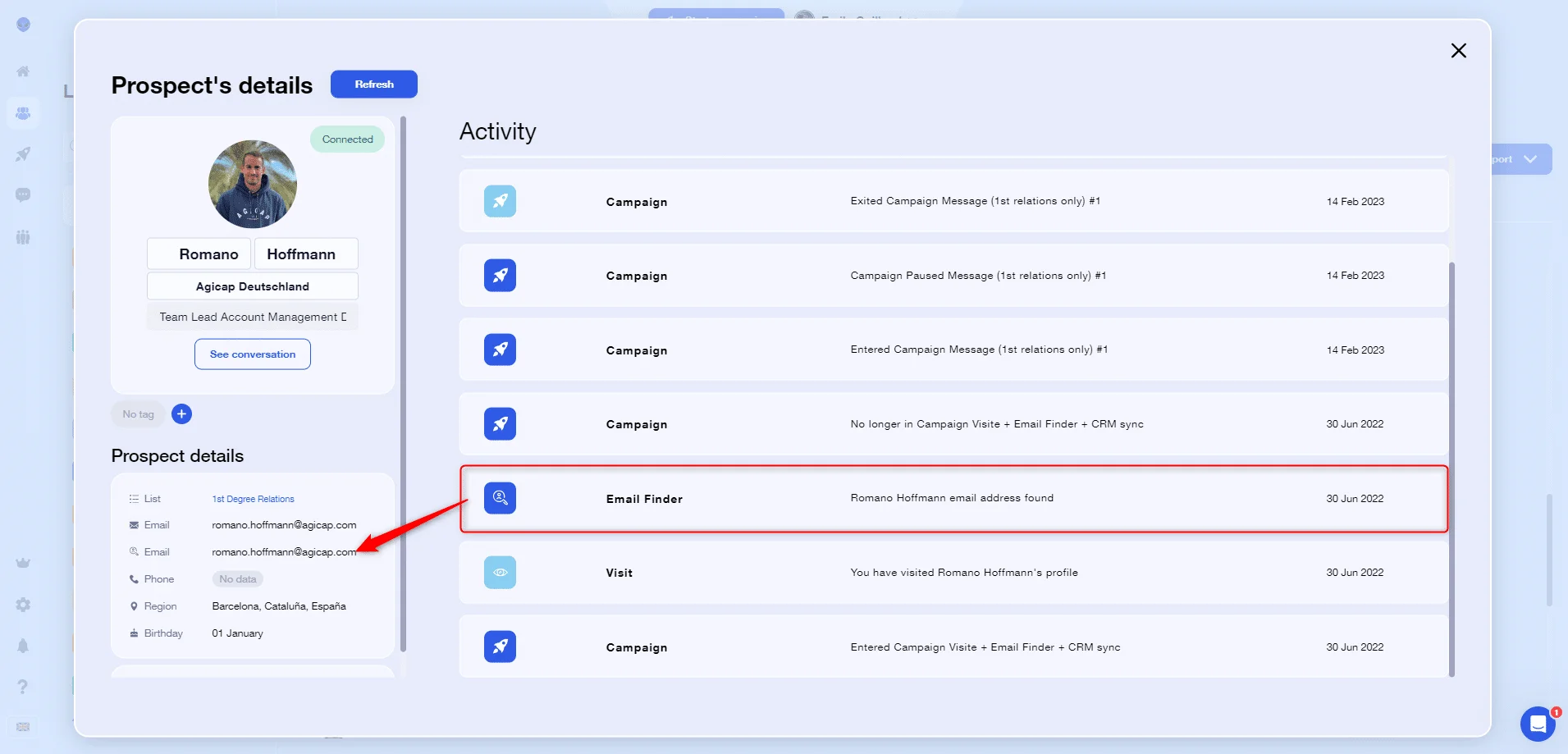 retrieve email addresses found by the Email Finder