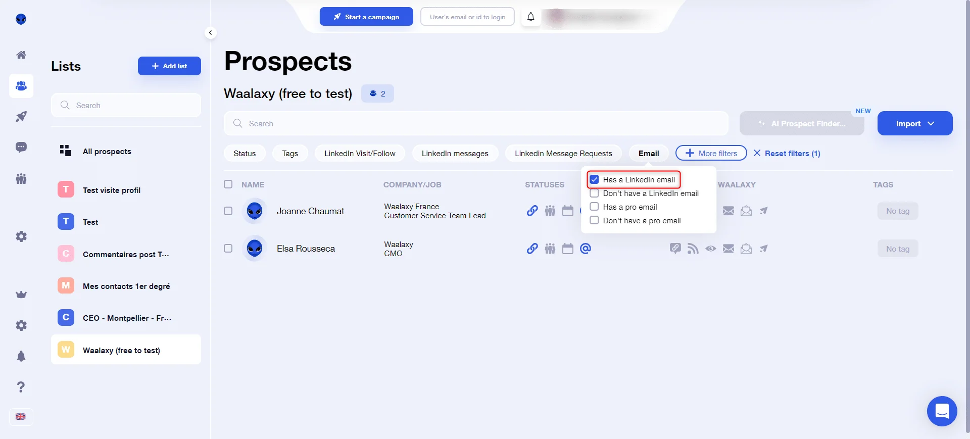 Liste prospects Waalaxy filtre LinkedIn email