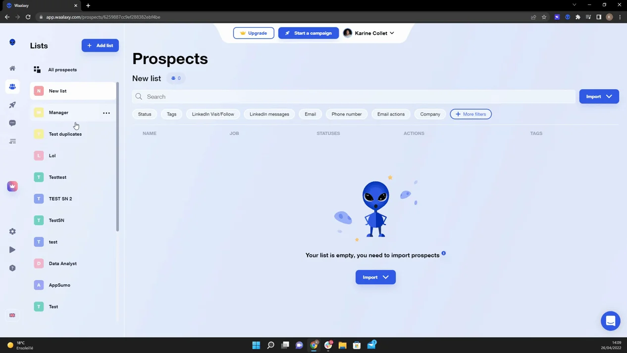 Interface Waalaxy avec liste de prospects vide