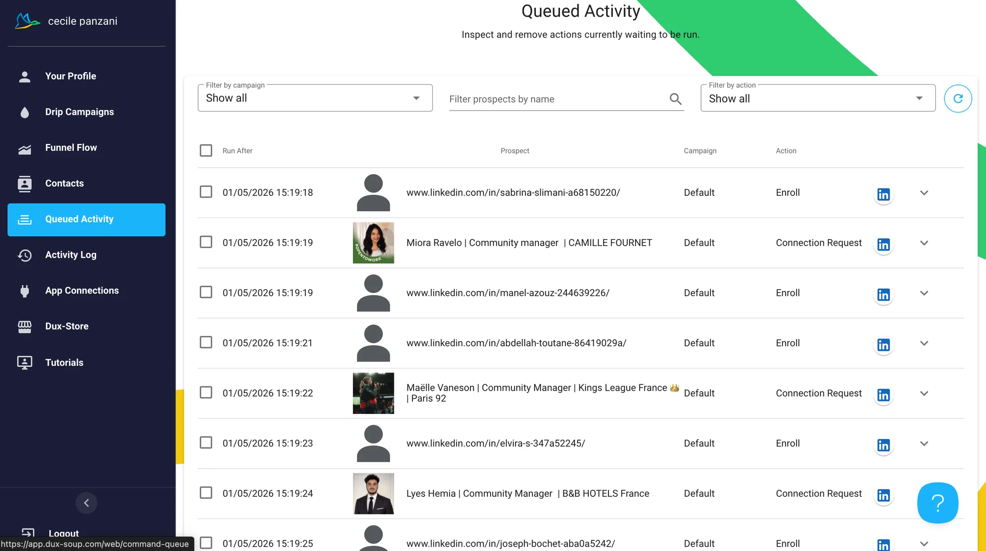 List of pending activities on Dux-Soup