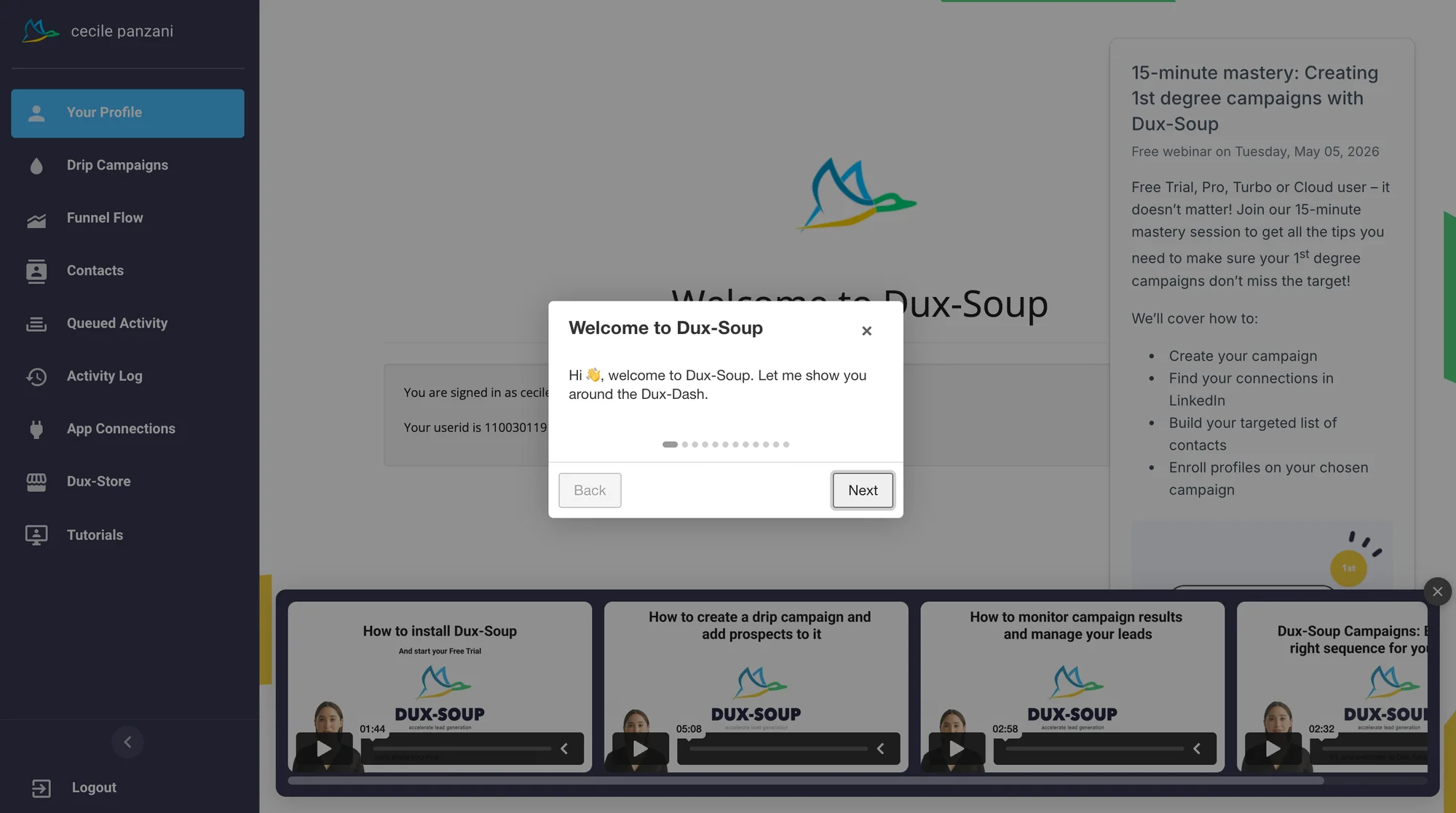Dux-Soup onboarding interface