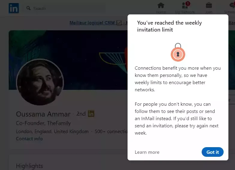Limite invitation hebdomadaire LinkedIn atteinte