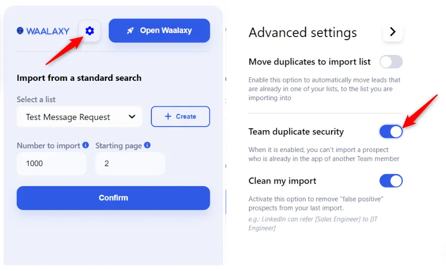 Interface d'importation de contacts avec paramètres avancés, boutons bleus et rouge, texte en français.