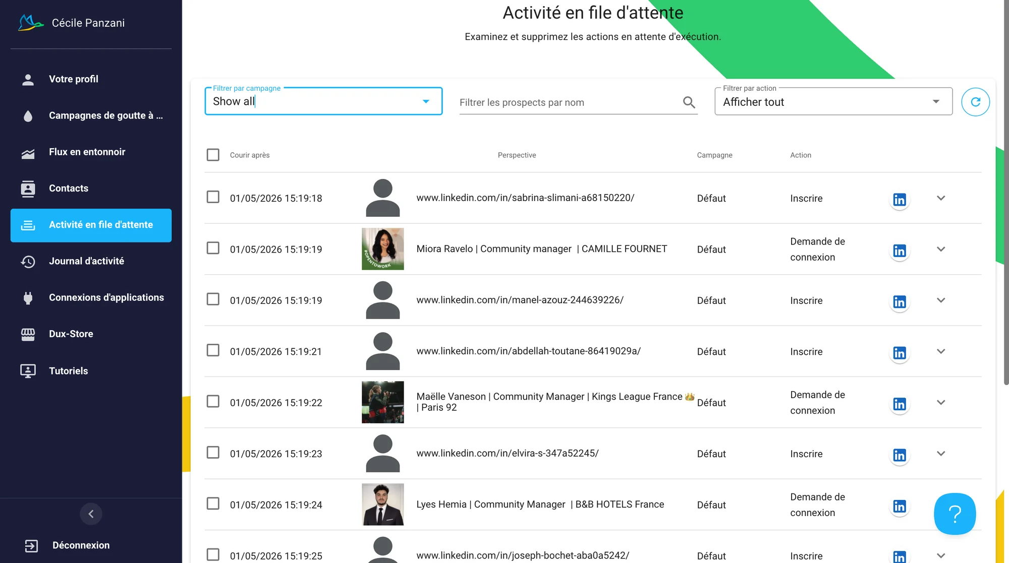 Liste des activités en attentes sur dux-soup