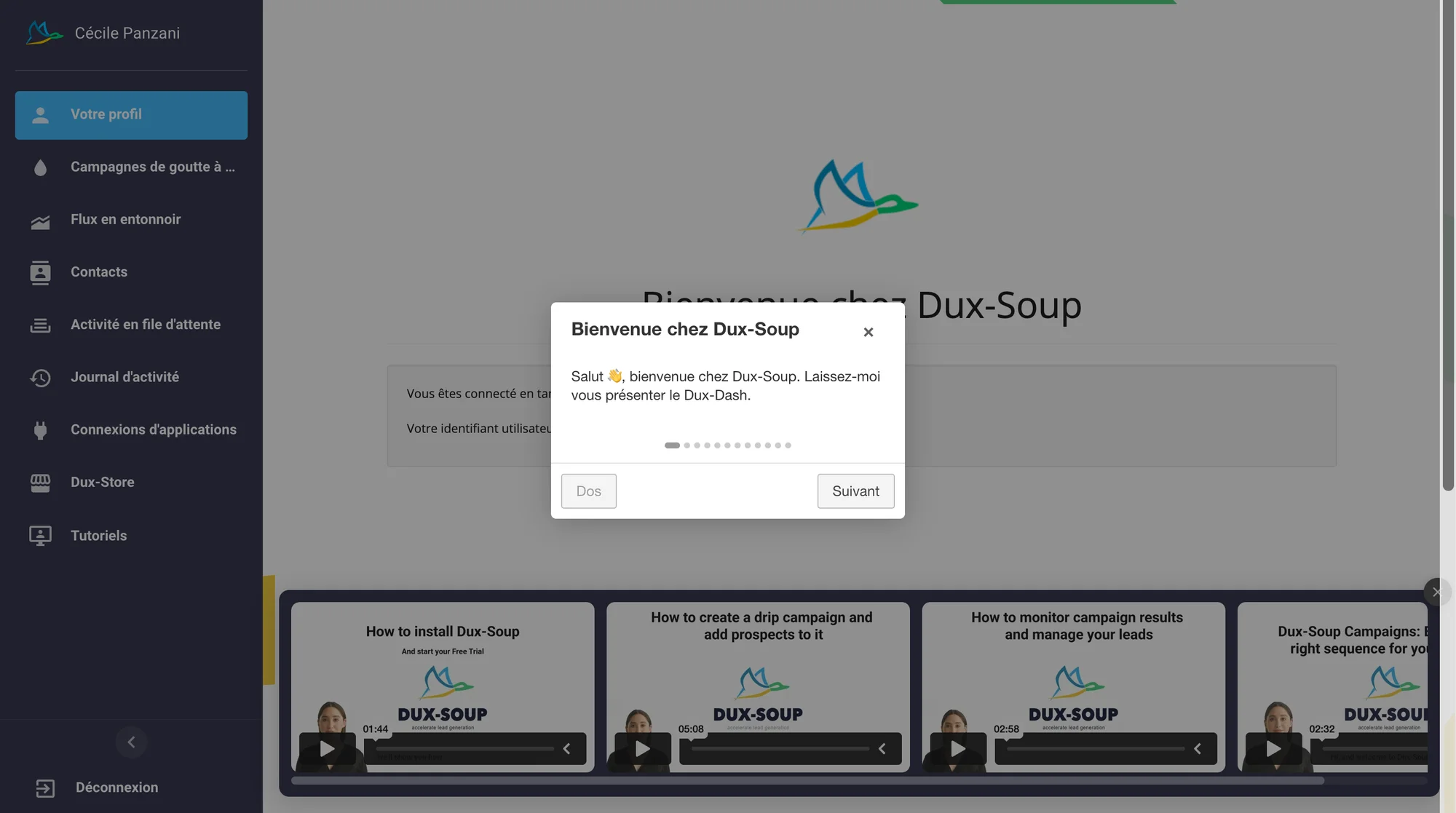 interface d'onboarding de dux-soup