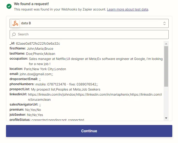 Page web présentant des données d'utilisateur avec des champs pour nom, prénom, adresse email, etc., sur Zapier.