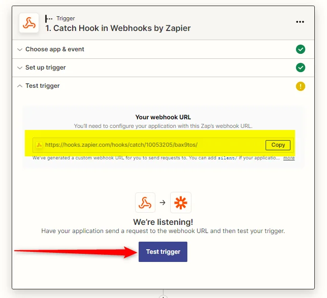 Page web de Zapier pour tester un webhook URL avec un bouton "Test trigger".