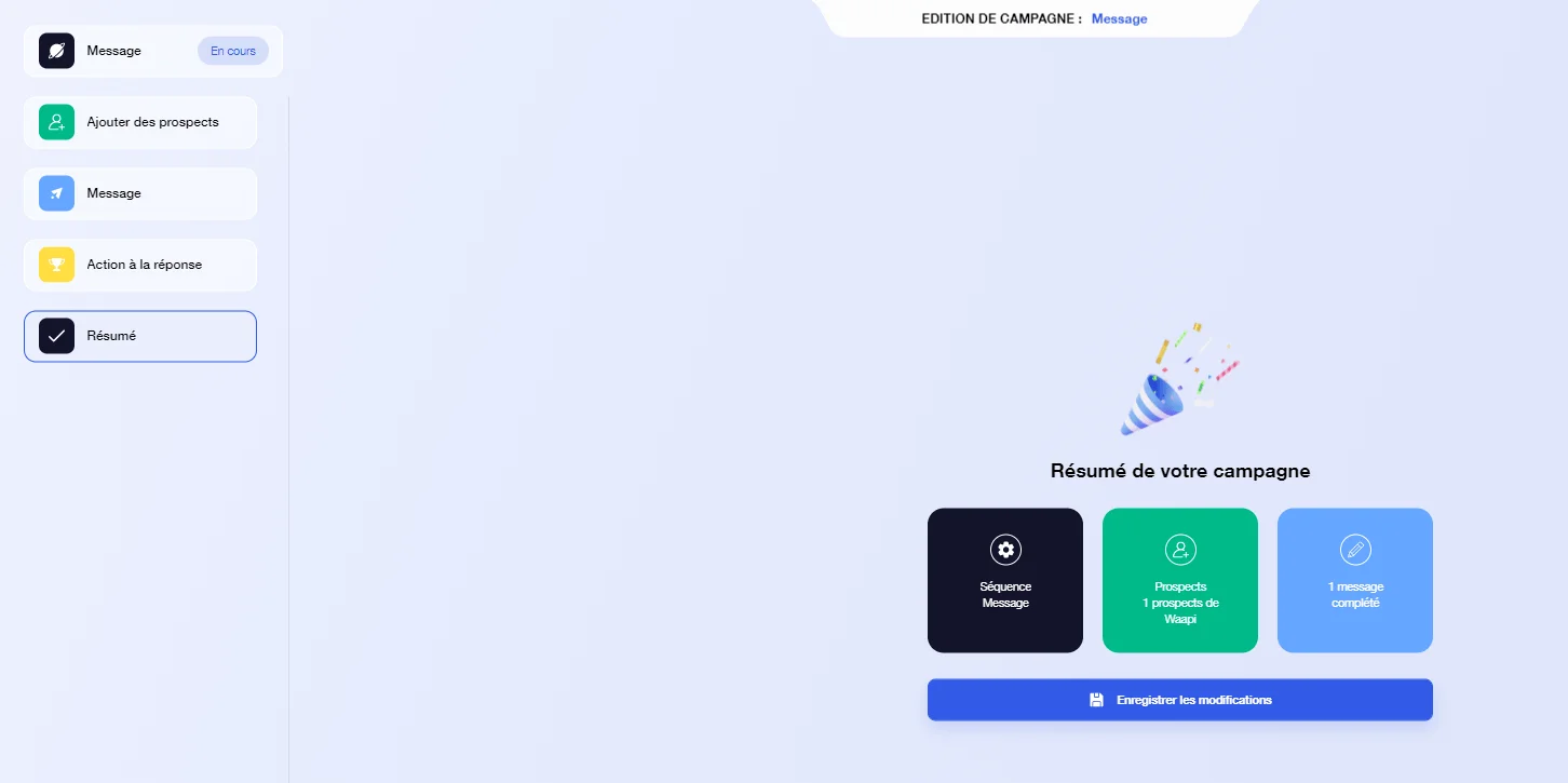 Interface d'édition de campagne avec options de messagerie et résumé de campagne.