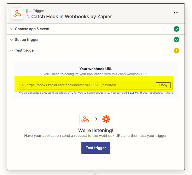 Page web de Zapier pour configurer un webhook URL. Texte: "Catch Hook in Webhooks by Zapier". URL: https://hooks.zapier.com/hooks/catch/10053205/bax9tgos/. Bouton "Copy" et "Test trigger". Contexte: configuration d'applications et de déclencheurs.