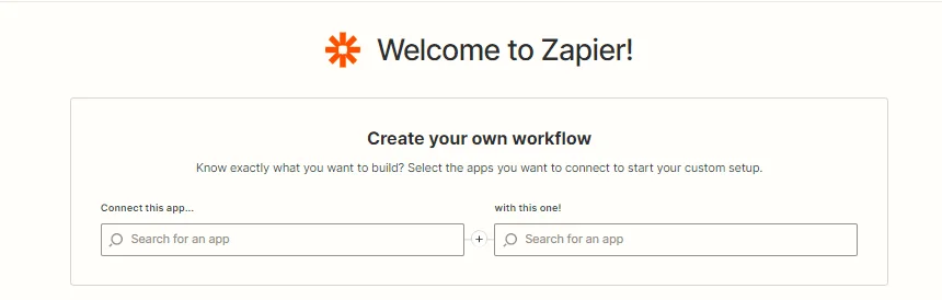 Page d'accueil de Zapier, accueillante, deux champs pour rechercher des applications à connecter.