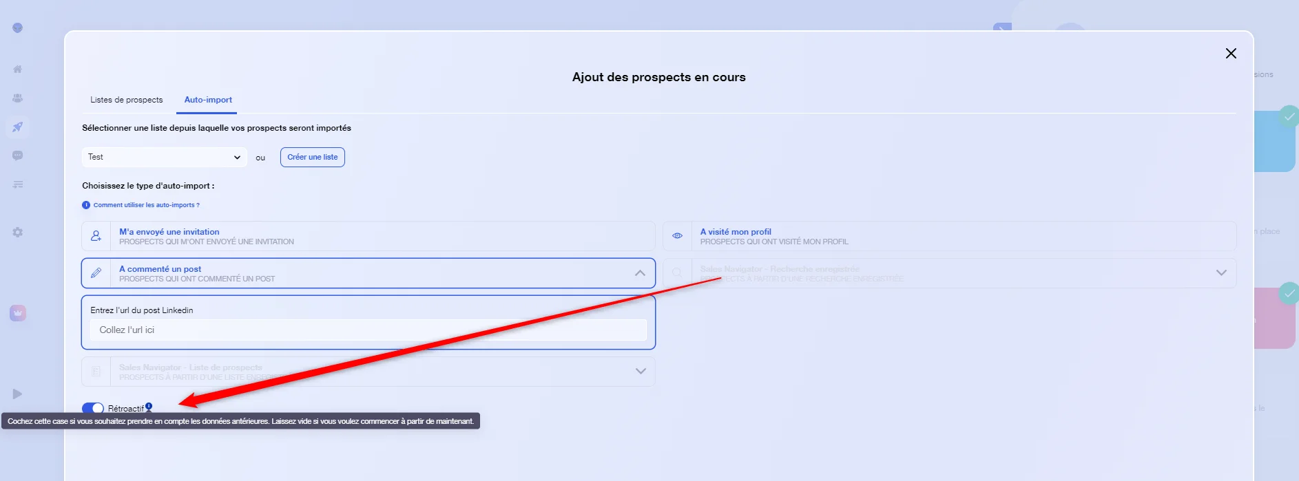 Interface auto-import prospects Waalaxy