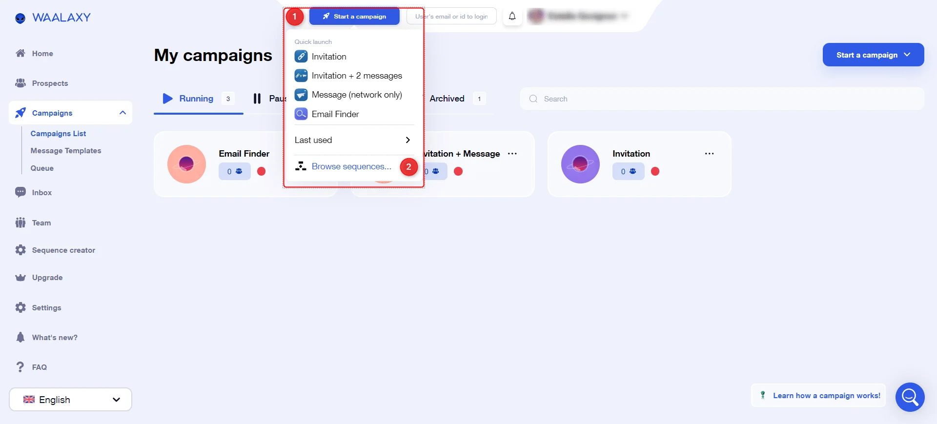 Waalaxy campaigns menu start campaign