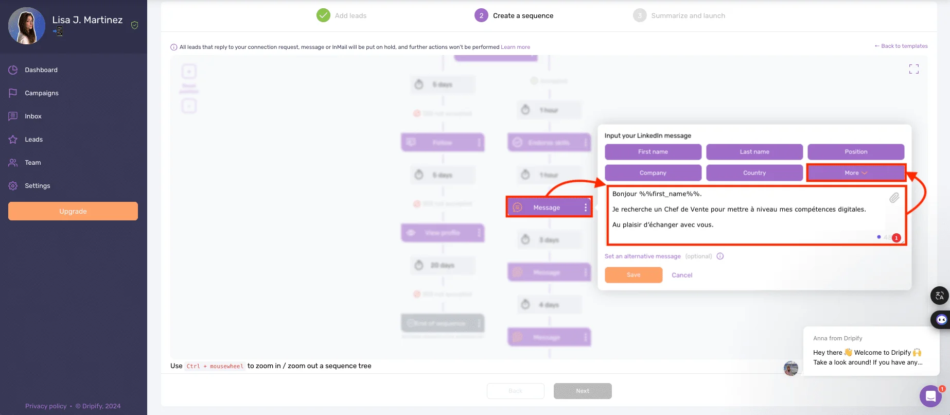 Waalaxy VS Dripify : Optimiser un message sur Dripify.