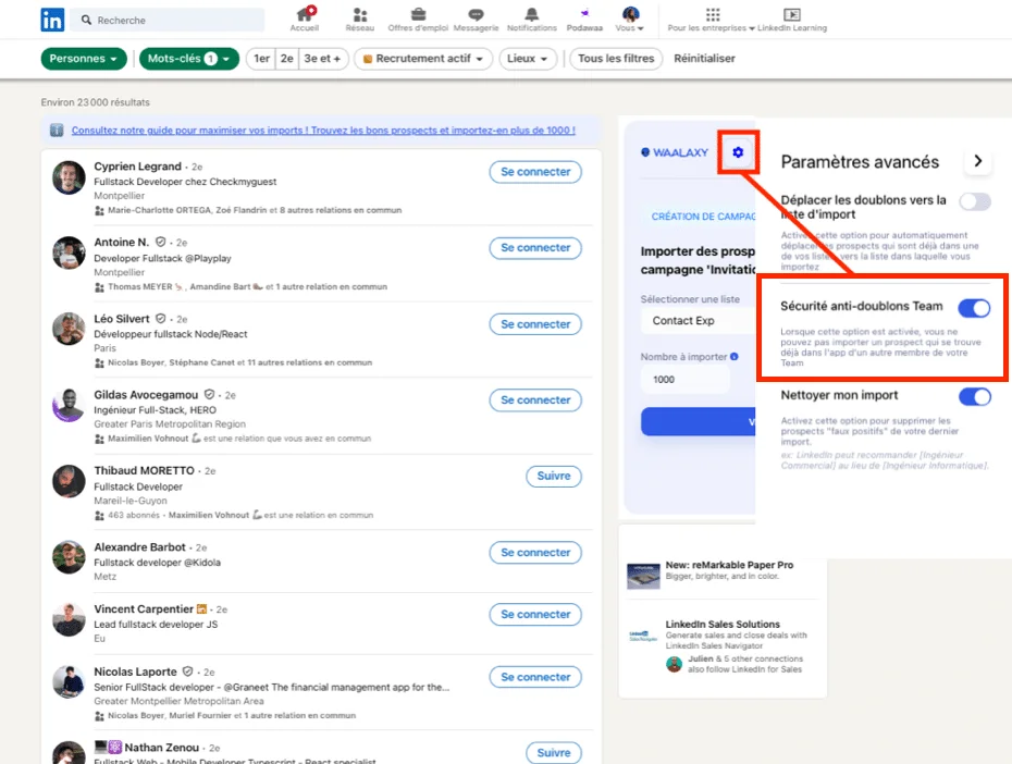 Page LinkedIn : Profil, paramètres avancés, filtre de recherche, sécurité anti-doublons activée.