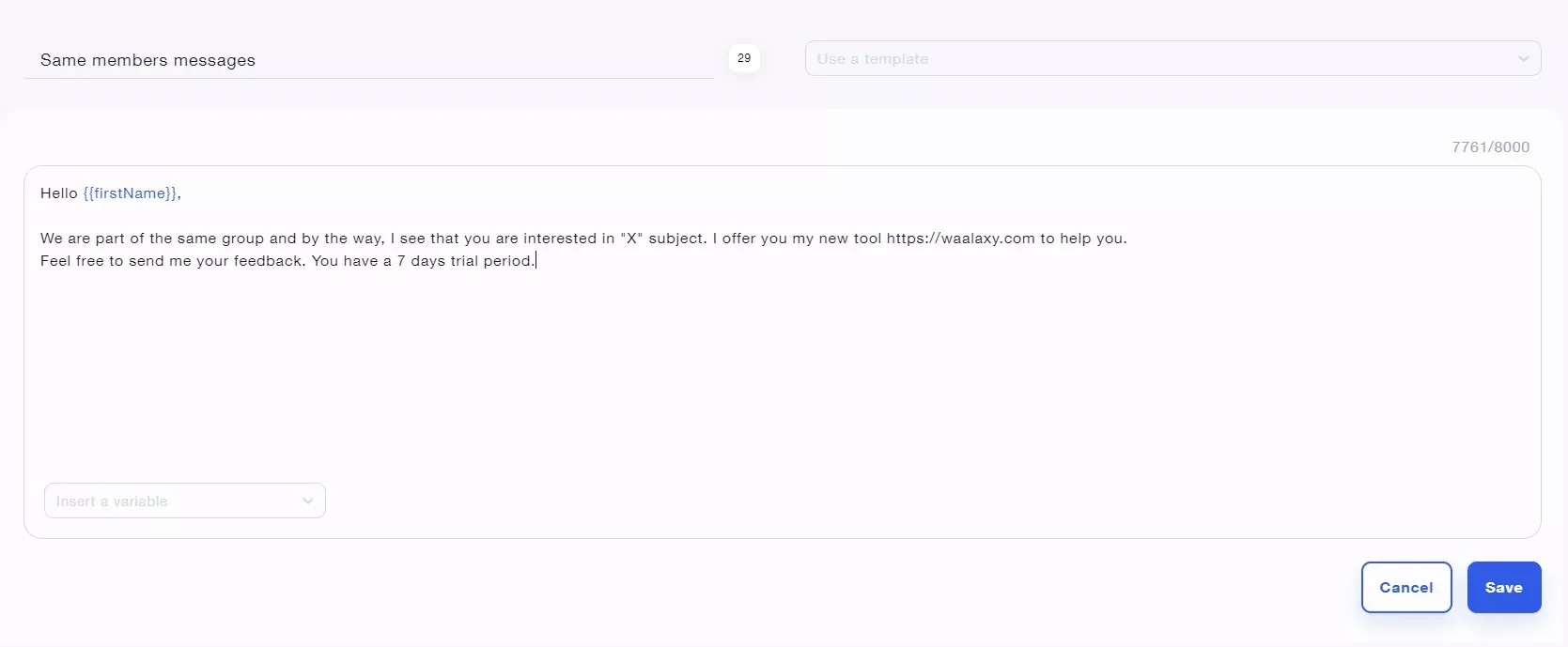 Modèle messages membres Waalaxy
