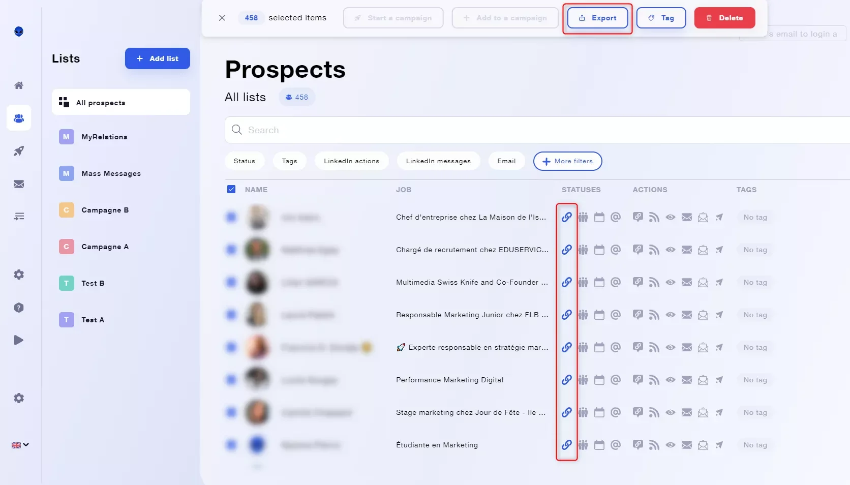 Interface export prospects LinkedIn Waalaxy